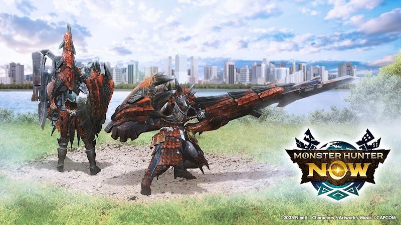 MH Now promotional image of a hunter in rathalos gear with a rathalos gunlance