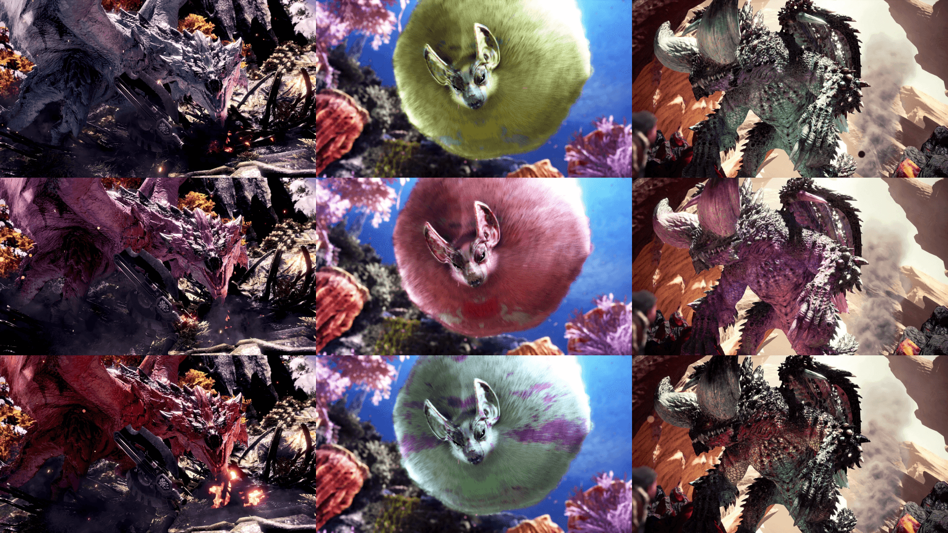 A collage of differently colorized rathalos, paolumu, and nergigante