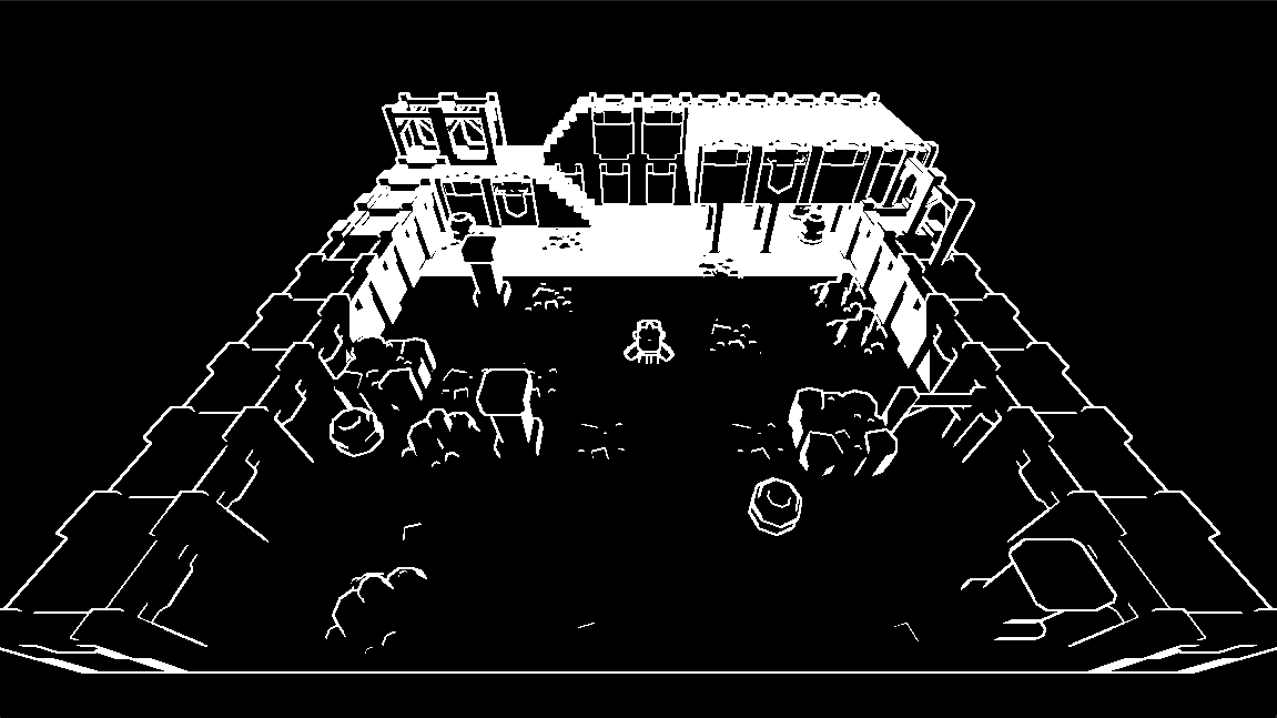an isometric view of the dungeon scene with edges in white and everything else black