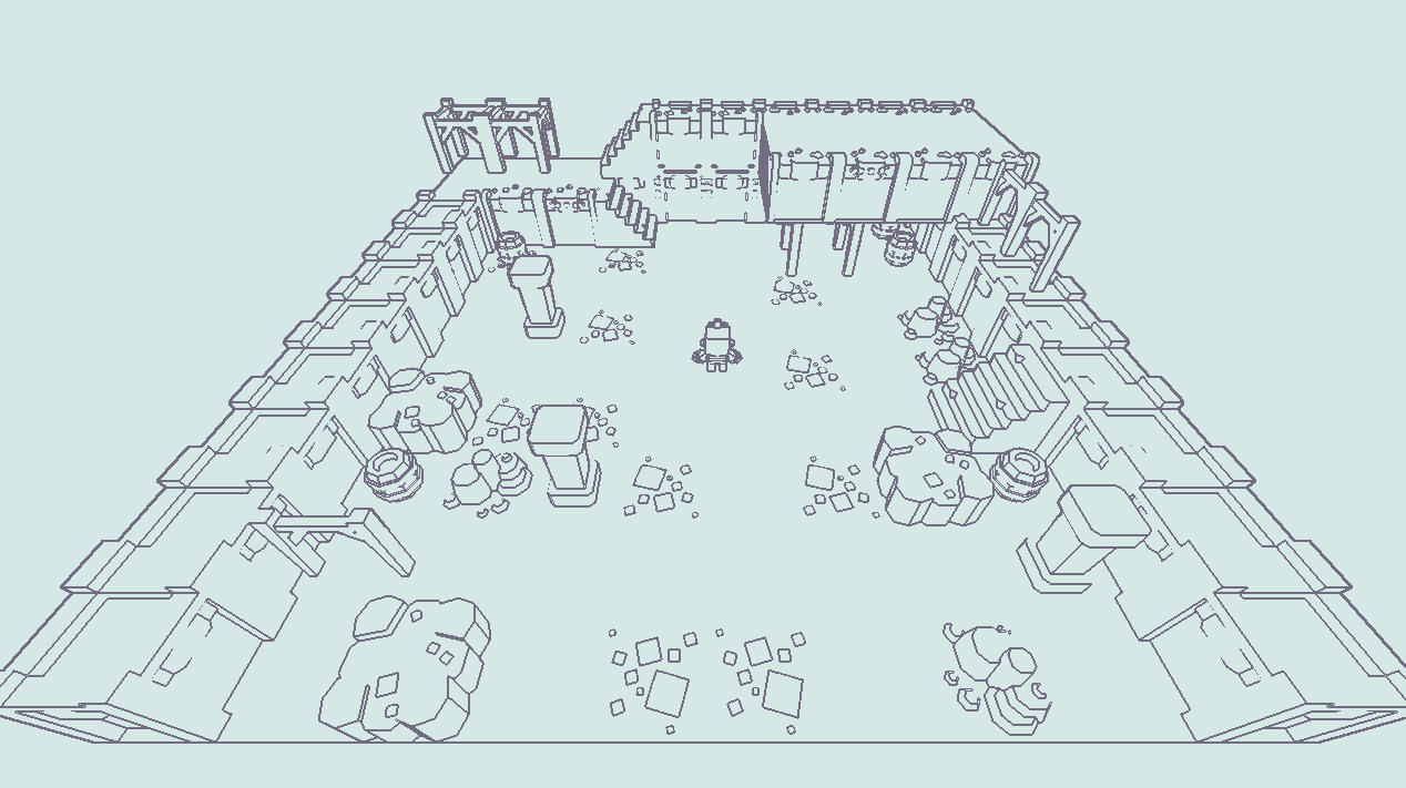an isometric view of the dungeon scene with edges in grey and everything else cream