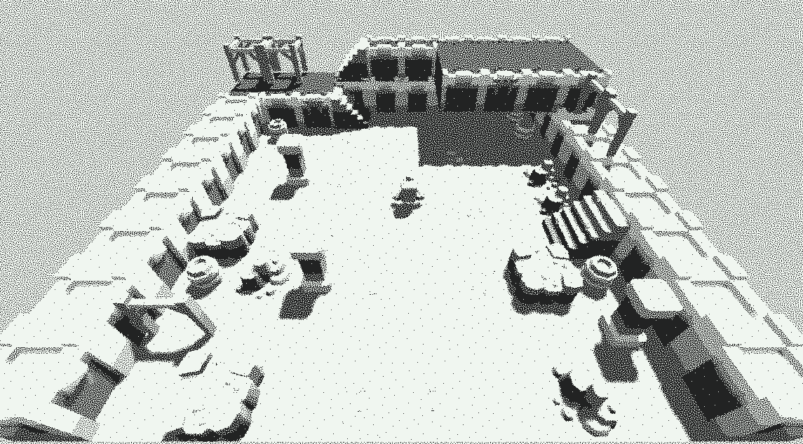 the isometric view of the dungeon scene, the shadows are dithered with noise